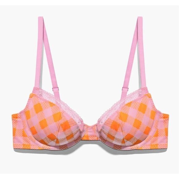 Savage X Gingham Pink Orange Unlined Plunge Bra 32B - Picture 1 of 5